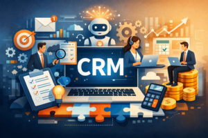 Ilustración editorial sobre CRM para pymes, automatización e inteligencia artificial aplicada a la gestión de clientes