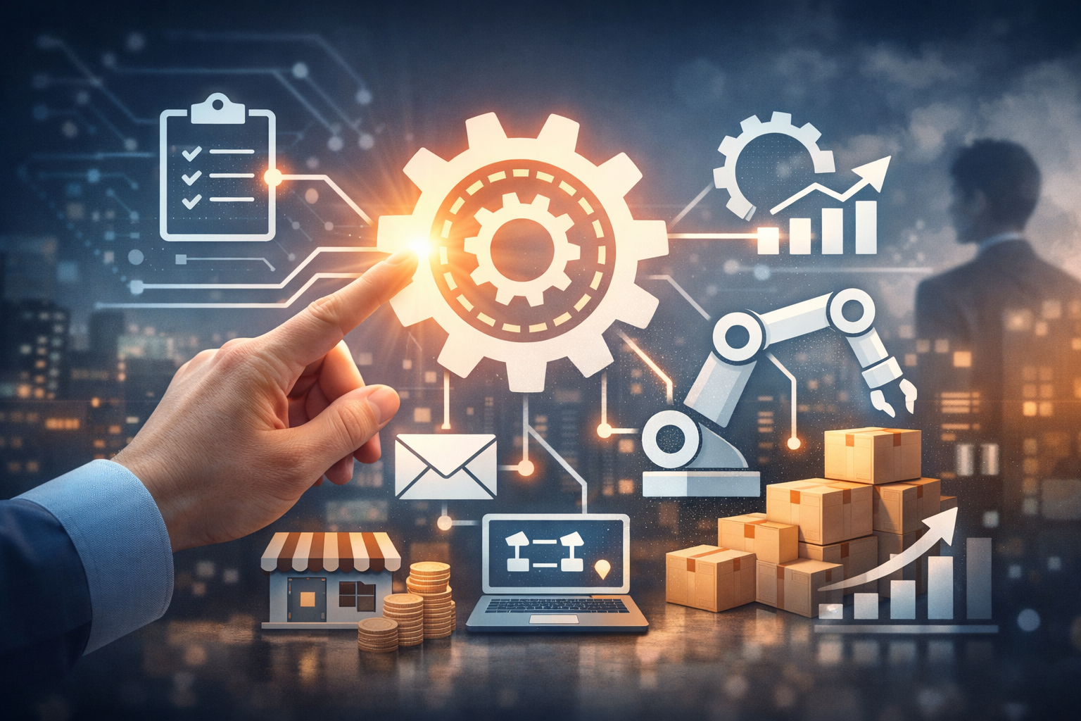 Ilustración editorial sobre la automatización de ventas en pymes sin equipo técnico ni complejidad innecesaria