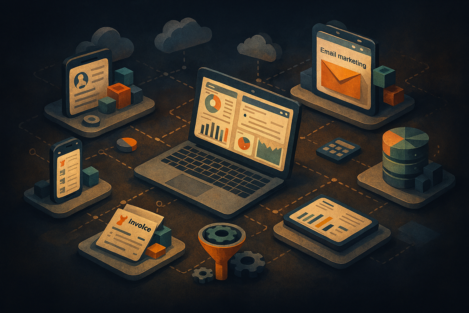 Ilustración editorial sobre el coste real de un stack SaaS para una pyme y su impacto en decisiones empresariales