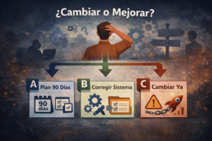 “Ilustración editorial sobre la decisión de cambiar de software en una pyme: plan de 90 días, corregir el sistema o cambiar ya.”