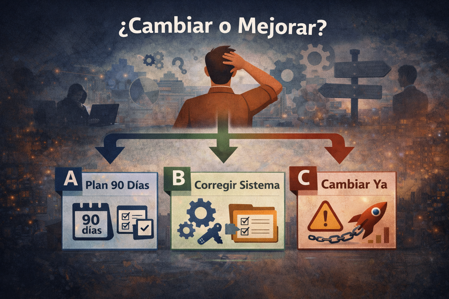Ilustración editorial sobre la decisión de cambiar software en una pyme: plan de 90 días, corregir el sistema o cambiar ya