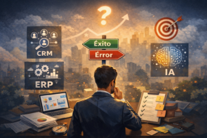 Ilustración editorial sobre la toma de decisiones al elegir software para pymes y empresas