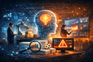 Ilustración editorial sobre el uso empresarial de la inteligencia artificial en procesos operativos y toma de decisiones