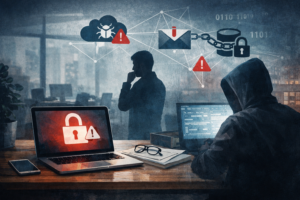 Ilustración editorial sobre riesgos de ciberseguridad y continuidad operativa en una pyme