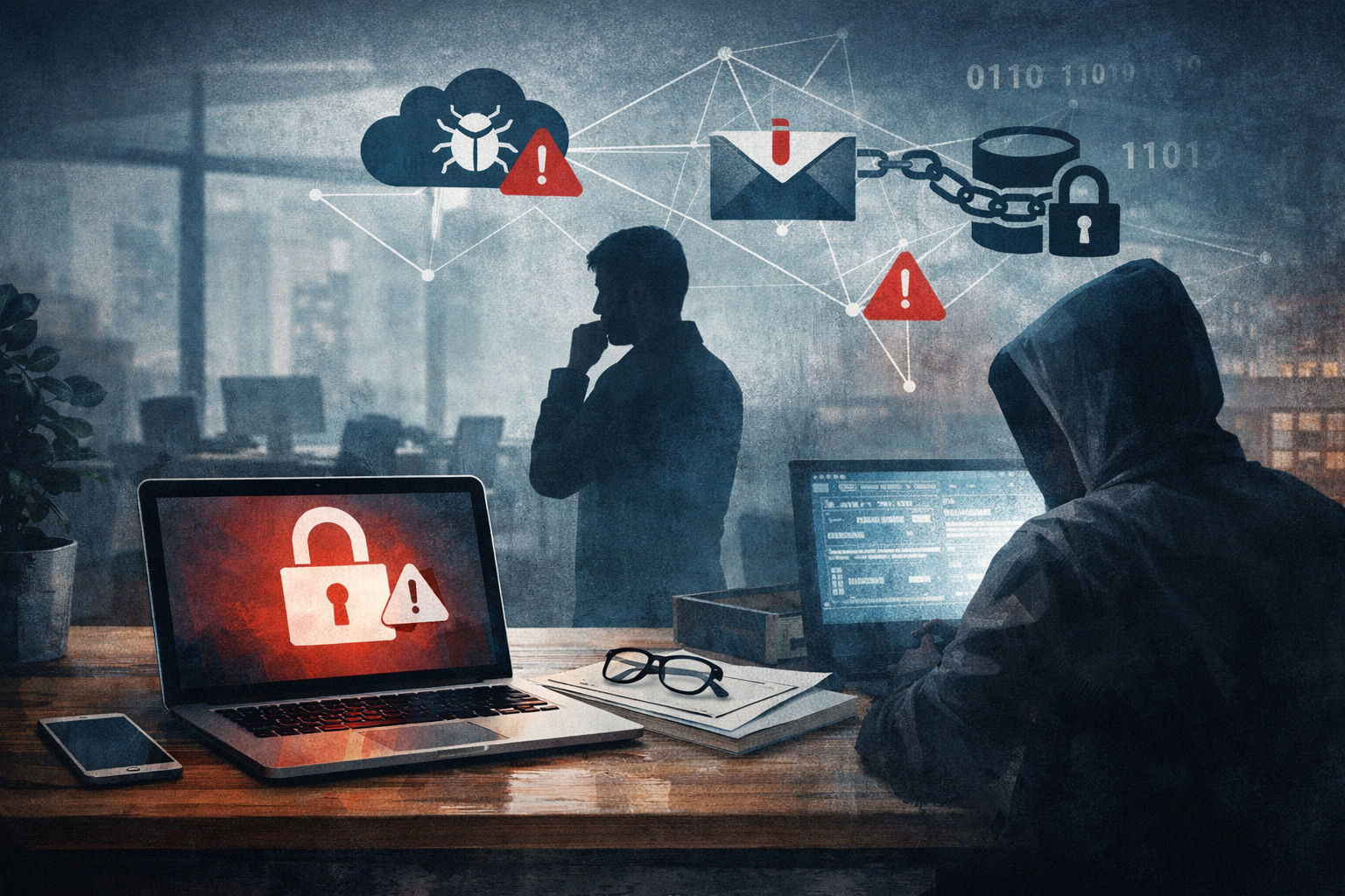 Ilustración editorial sobre riesgos de ciberseguridad y continuidad operativa en una pyme