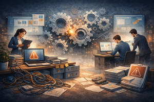 Ilustración editorial que representa la fricción operativa tras cambiar de software en una pyme, con sistemas que funcionan pero generan desgaste en datos, procesos y equipos.