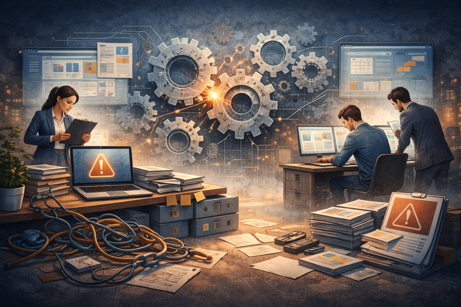 Ilustración editorial que representa la fricción operativa tras cambiar de software en una pyme, con sistemas que funcionan pero generan desgaste en datos, procesos y equipos