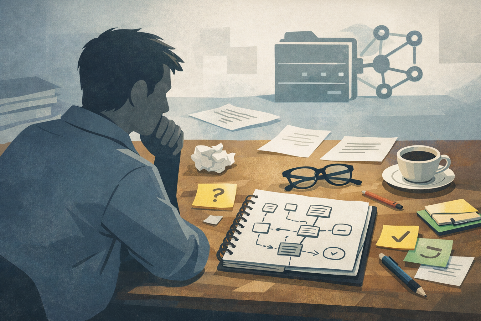 Ilustración editorial sobre la reflexión previa a implantar un CRM en una pyme, centrada en procesos, personas y decisiones antes de la herramienta.