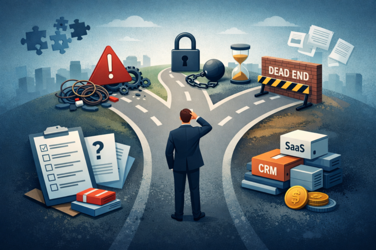 Ilustración conceptual sobre los errores comunes al elegir software empresarial en pymes y sus consecuencias operativas