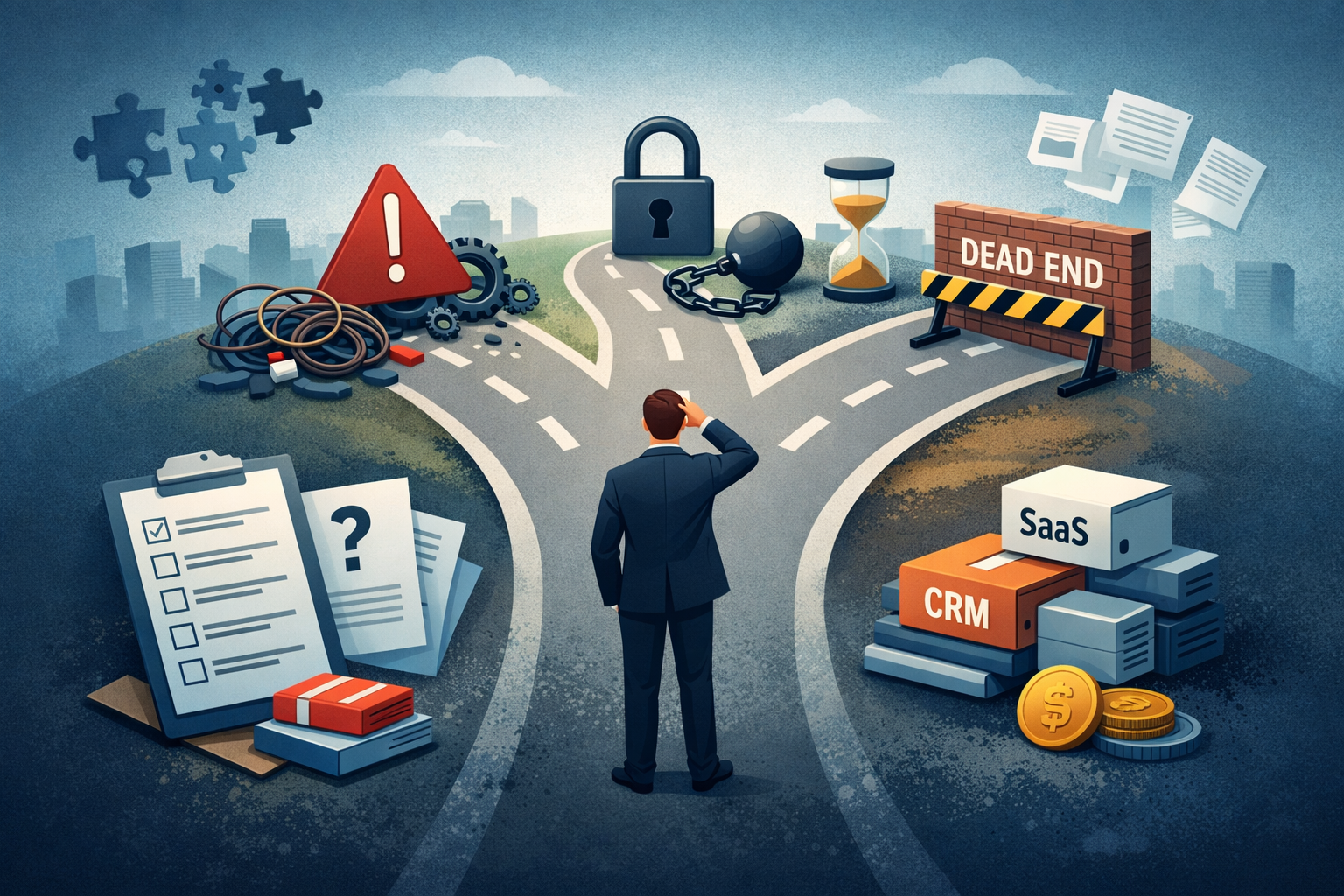 Ilustración conceptual sobre los errores comunes al elegir software empresarial en pymes y sus consecuencias operativas