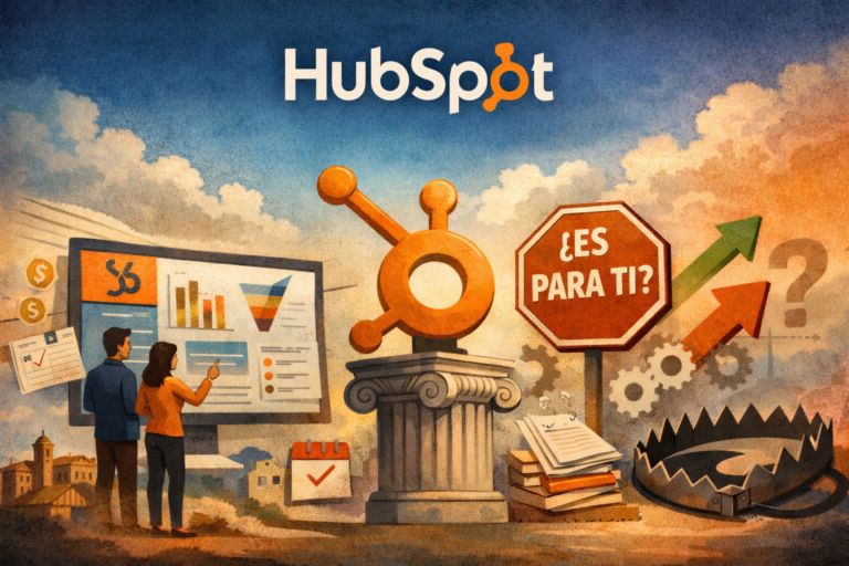 Ilustración editorial sobre HubSpot para pymes: cuándo es una buena opción y cuándo no según el contexto empresarial