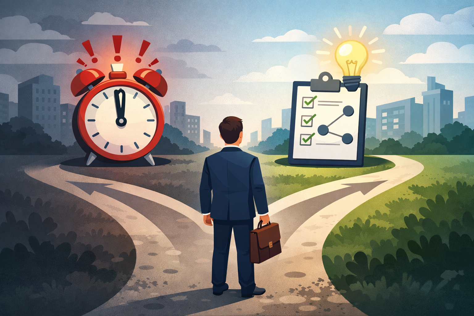 Ilustración editorial sobre la toma de decisiones de una pyme ante la Ley Crea y Crece, comparando la urgencia precipitada frente a una preparación informada.