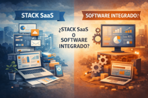 “Ilustración editorial que representa la decisión entre un stack SaaS y un software integrado en una pyme, mostrando los trade-offs entre flexibilidad y control.”