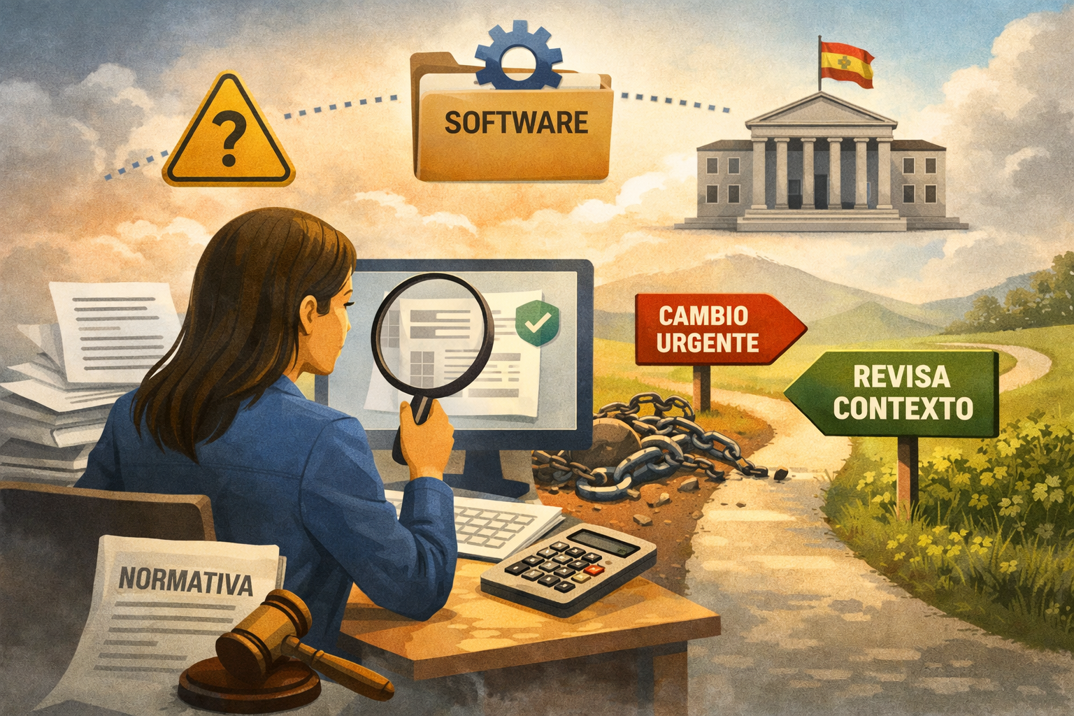 Ilustración editorial sobre la toma de decisiones de una pyme ante el marco Verifactu, mostrando la diferencia entre reaccionar con urgencia regulatoria y revisar el contexto antes de cambiar el sistema de facturación.