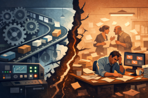 Ilustración editorial sobre automatización sin criterio en una pyme, donde la búsqueda de eficiencia acaba generando fricción, errores y procesos frágiles.