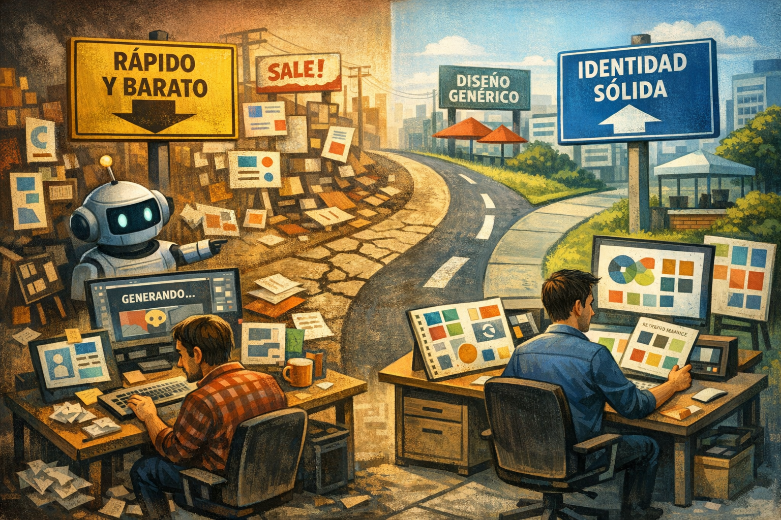 Ilustración editorial sobre el uso de IA en diseño gráfico en pymes, mostrando la tensión entre velocidad de producción y coherencia de marca.