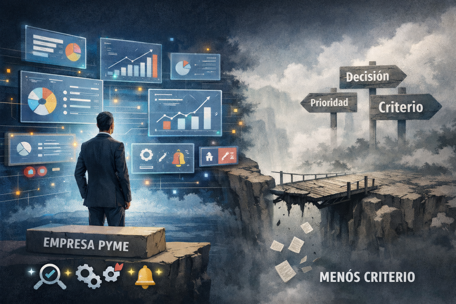 Ilustración editorial sobre una pyme rodeada de dashboards y herramientas digitales frente a una pérdida de claridad en la toma de decisiones y el criterio.