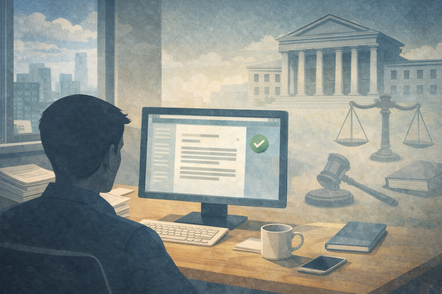 Ilustración editorial sobre una pyme trabajando con normalidad mientras una capa regulatoria actúa en segundo plano, representando cómo el AI Act influye en decisiones sin generar urgencia inmediata.